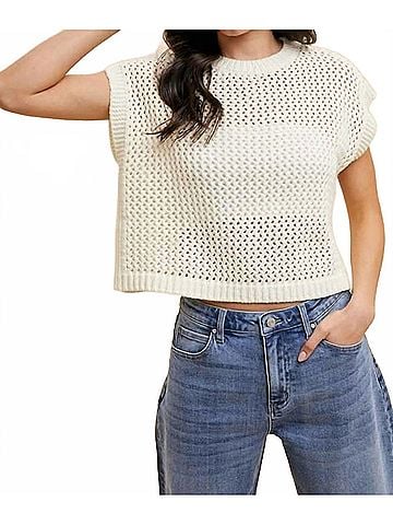 ANNIEWEAR Open Stitch Drop Shoulder Crop Sweater Top in Ivory (view 2)