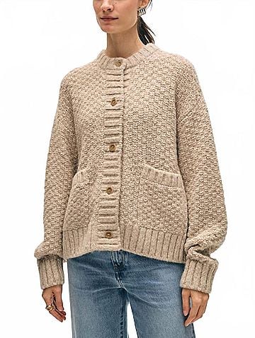 White + Warren Plush Alpaca Blend Basket Stitch Cardigan in Oat Straw (view 2)