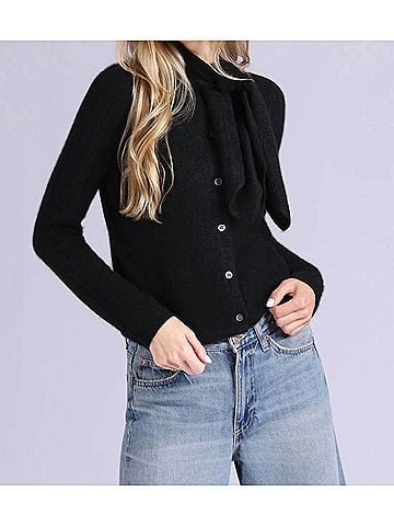 Minnie Rose Cashmere Pointelle Tie Up Cardigan in Black (view 2)