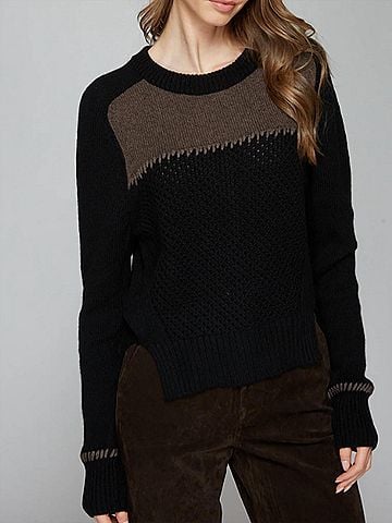 Autumn Cashmere Boxy Crew Top With Contrast Yoke And Whipstitch in Black/Mulch (view 2)