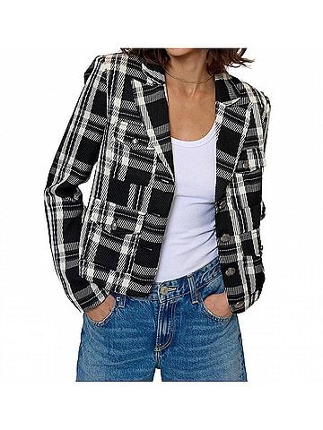 Central Park West Cropped Plaid Jacket in Olive Green (view 2)
