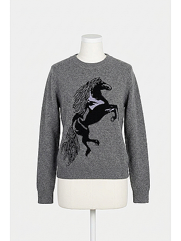 Autumn Cashmere Intarsia Horse Crewneck With Fringe Sweater in Cement Combo (view 1)