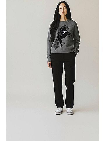 Autumn Cashmere Intarsia Horse Crewneck With Fringe Sweater in Cement Combo (view 2)