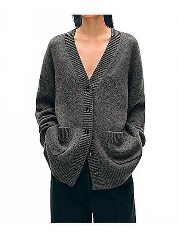 White + Warren Cashmere Luxe Pocket Cardigan in Graphite (view 2)