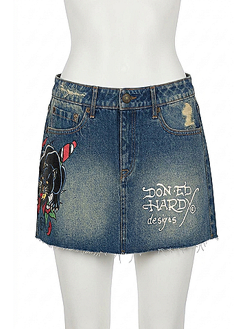 Ed Hardy Women's Panther Dagger Denim Mini Skirt in Medium Wash (view 1)
