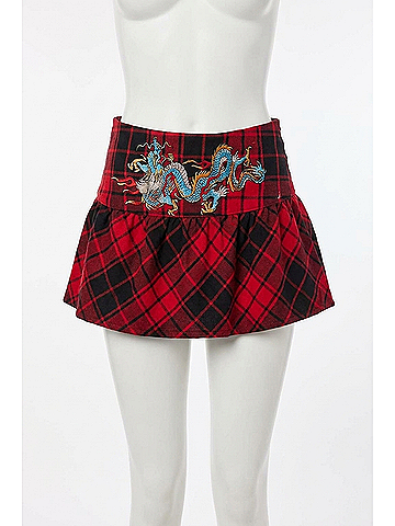 Ed Hardy Dragon Plaid Flare Miniskirt in Red (view 1)
