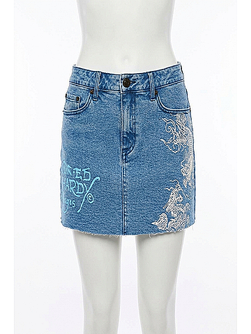 Ed Hardy Diamond Flower Denim Mini Skirt in Washed Blue (view 1)