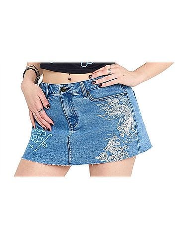 Ed Hardy Diamond Flower Denim Mini Skirt in Washed Blue (view 2)