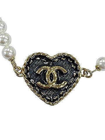 Chanel CHANEL (2024 model) I24P Coco Mark Heart Faux Pearl Denim Design Bracelet, Gold, Made in Italy, Women's. (view 2)