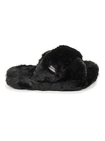 Hunter Women's Faux Fur Flatform Crossover Slides in Black (view 1)