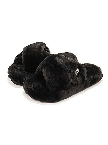 Hunter Women's Faux Fur Flatform Crossover Slides in Black (view 2)
