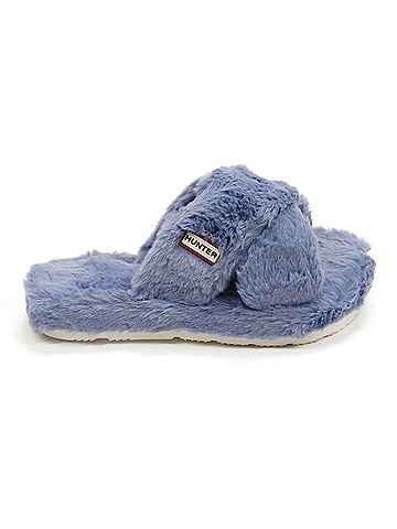 Hunter Women's Faux Fur Flatform Crossover Slides in Stornoway Blue (view 1)