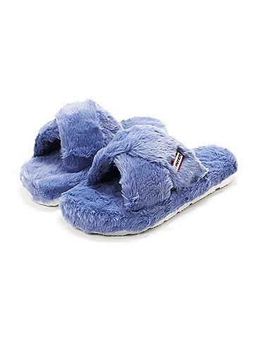 Hunter Women's Faux Fur Flatform Crossover Slides in Stornoway Blue (view 2)
