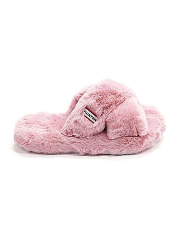 Hunter Women's Faux Fur Flatform Crossover Slides in Azalea Pink (view 1)