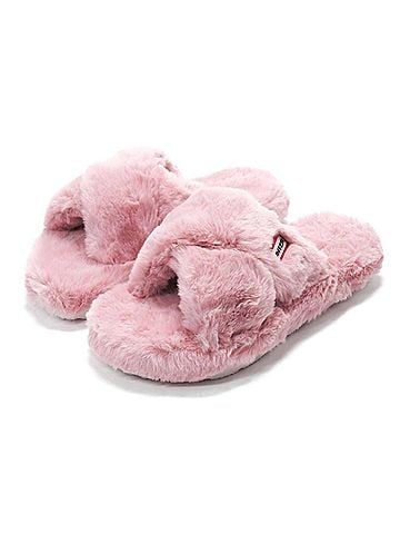 Hunter Women's Faux Fur Flatform Crossover Slides in Azalea Pink (view 2)
