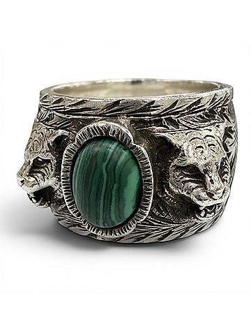 Gucci GUCCI 461991 Arabesque Garden Cat Head AG925 Malachite Ring, Silver, Made in Italy, Weight 18.47g, Men's (view 1)