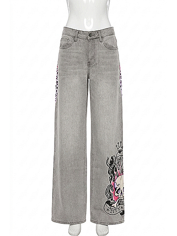 Ed Hardy Skull Flame Baggy Jeans in Light Grey (view 1)
