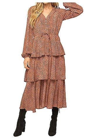 Mystree Semi Sheer Lurex Tier Midi Dress in Leopard Print (view 2)