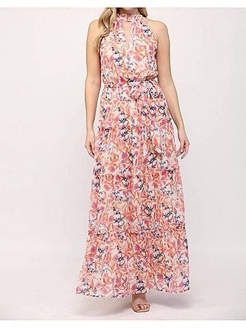 Fate Keyhole Front Ruffle Hem Maxi Dress in Orange Multi Floral (view 2)