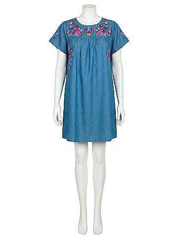 See and Be Seen Take It Easy Embroidered Dress in Chambray (view 1)