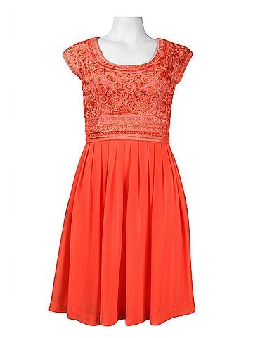 Sue Wong Women's Soutache Embroidered Pleated A-Line Dress in Orange (view 2)