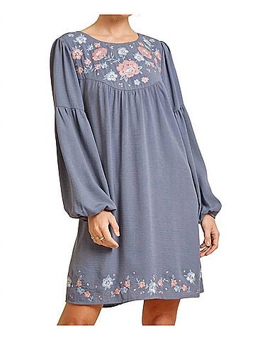 Andree by UNIT Floral Embroidered Babydoll Dress in Blue (view 2)
