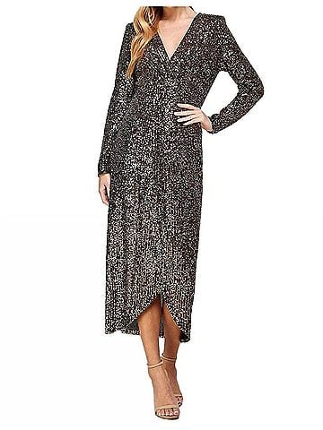See and Be Seen Long Sleeve Sequin Faux Wrap Dress in Black/Gold (view 2)