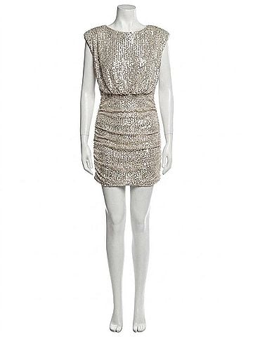 She + Sky Sleeveless Padded Shoulder Sequin Dress With Shirred Bottom in Silver (view 1)