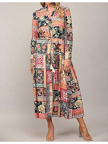 Fate Bohemian Patchwork Print Button Front Maxi Dress in Teal Multi (view 2)