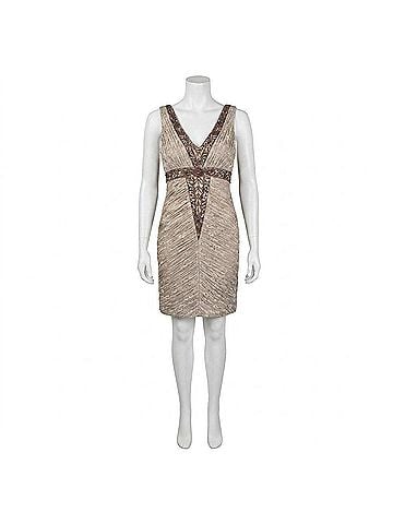 Sue Wong Strapless Beaded Empire Waist Lace Dress in Taupe (view 1)