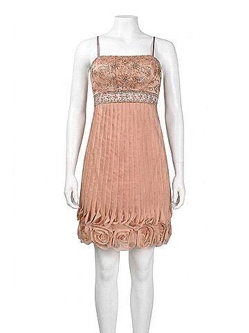Sue Wong Spaghetti Strap Beaded Rosette Hem Dress in Sandalwood (view 1)