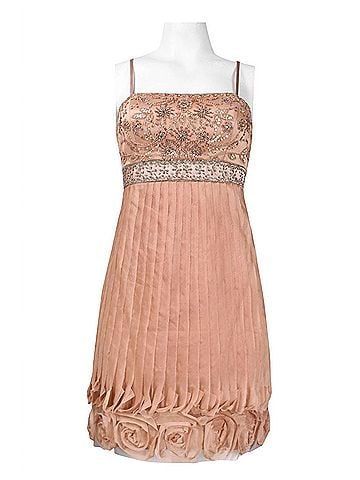 Sue Wong Spaghetti Strap Beaded Rosette Hem Dress in Sandalwood (view 2)