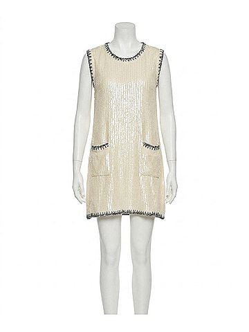 Lalavon Sequin Contrast Stitch Front Pocket Mini Dress in Cream (view 1)