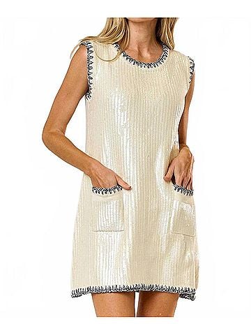 Lalavon Sequin Contrast Stitch Front Pocket Mini Dress in Cream (view 2)