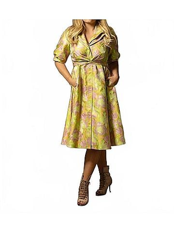 Samuel Dong A-Line Dress With Belt in Pink/Green (view 2)