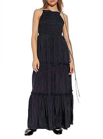 Ganni Habotai Maxi Smock Slip Dress in Phantom (view 2)