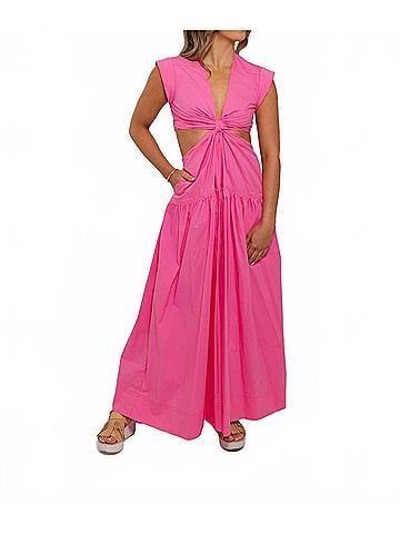 Karlie Solid Poplin Knot Cut-Out Maxi Dress in Hot Pink (view 2)