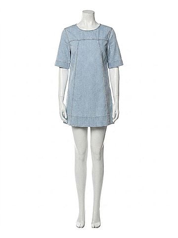 Ganni Washed Stretch Cotton A-Line Mini Dress in Soft Chambray (view 1)
