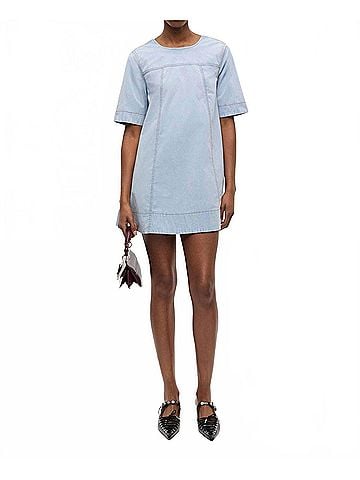 Ganni Washed Stretch Cotton A-Line Mini Dress in Soft Chambray (view 2)