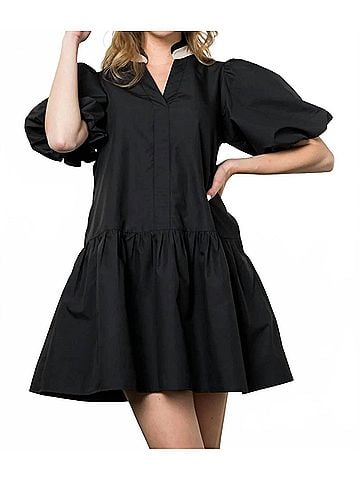 THML Puff Sleeve V Neck Dress in Black (view 2)