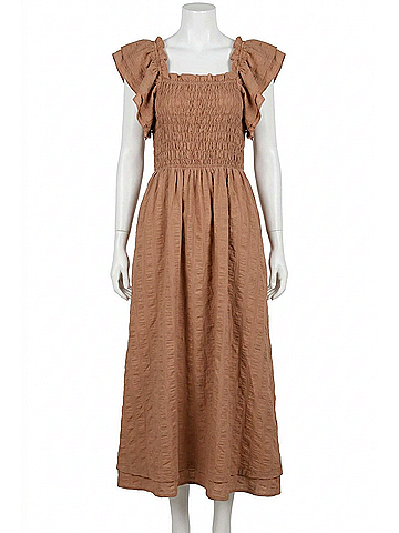 MIOU MUSE Ruffled Sleeve Seersucker Midi Dress in Mocha (view 1)