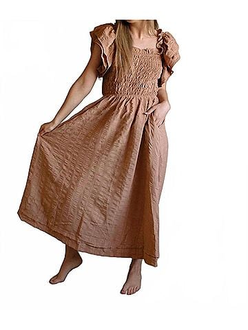 MIOU MUSE Ruffled Sleeve Seersucker Midi Dress in Mocha (view 2)