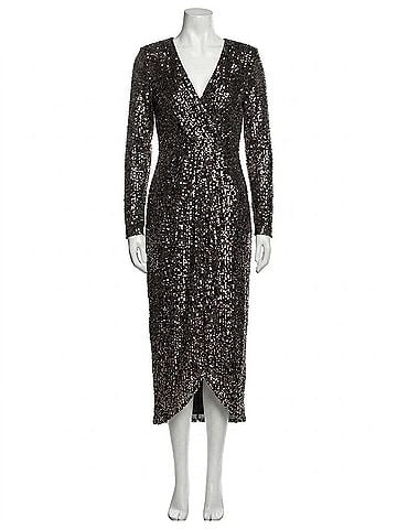 See and Be Seen Long Sleeve Sequin Faux Wrap Dress in Black/Gold (view 1)