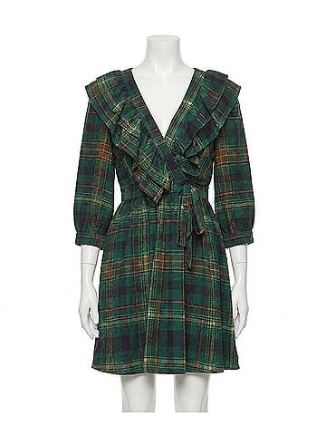 TCEC Plaid Deep V Neck Wrap Dress in Green (view 1)