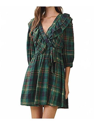 TCEC Plaid Deep V Neck Wrap Dress in Green (view 2)