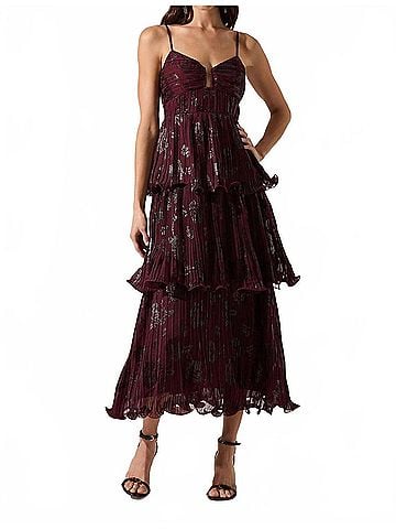 Astr Lupin Pleated Tiered Maxi Dress in Wine (view 2)