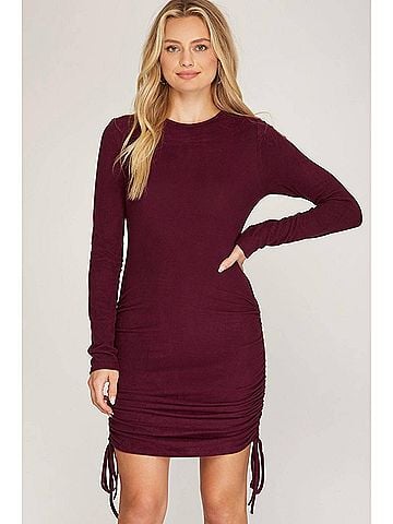 She + Sky Brushed Stretch Knit Dress With Ruched Side Detail in Wine (view 2)