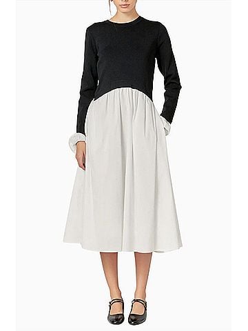 English Factory Twofer Long Sleeve Mixed Media Midi Dress in Black/White (view 2)