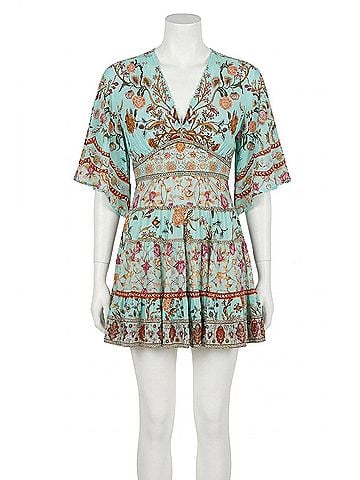 Camilla Tiered Skirt Mini Dress in Weaving Worlds (view 1)