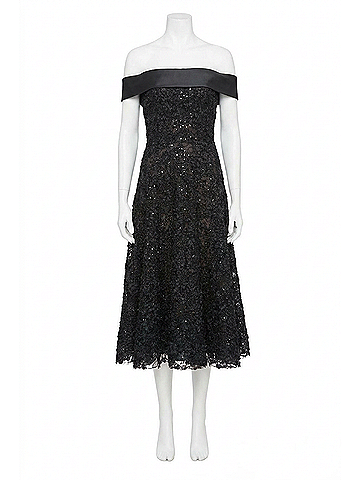 Theia Roxy Off Shoulder A Line Floral Lurex Midi Dress in Black (view 1)